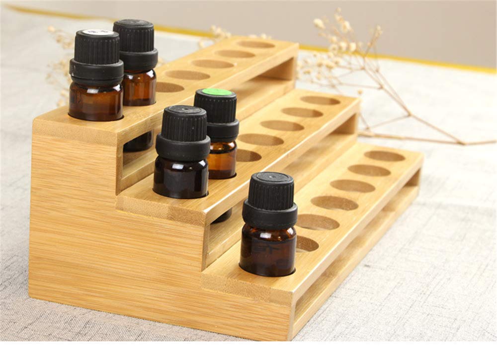 Pure Vie 3 Tier Essential Oil Bottles Wooden Storage Display Stand Travel Display Presentation Holder, Cosmetic Aromatherapy Organizer Rack Nail Polish Fragrance Container - Holds 18 Slots (30 ml)