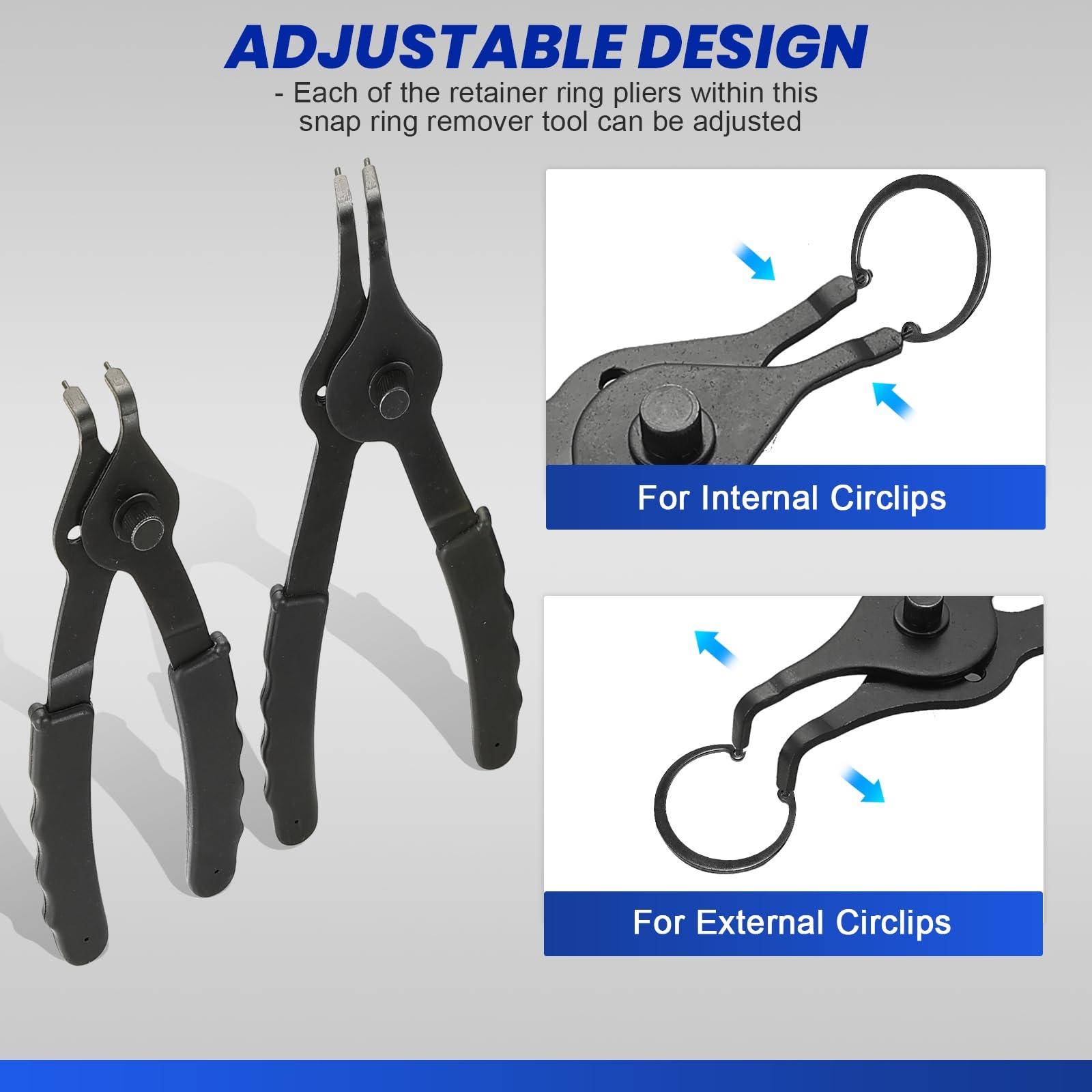 DASBET Juego de 11 alicates de anillo a presión, alicates rectos y doblados con gancho y púa, alicates externos internos resistentes de 0.38 a 0.9 pulgadas, clip de retención combinado de clip