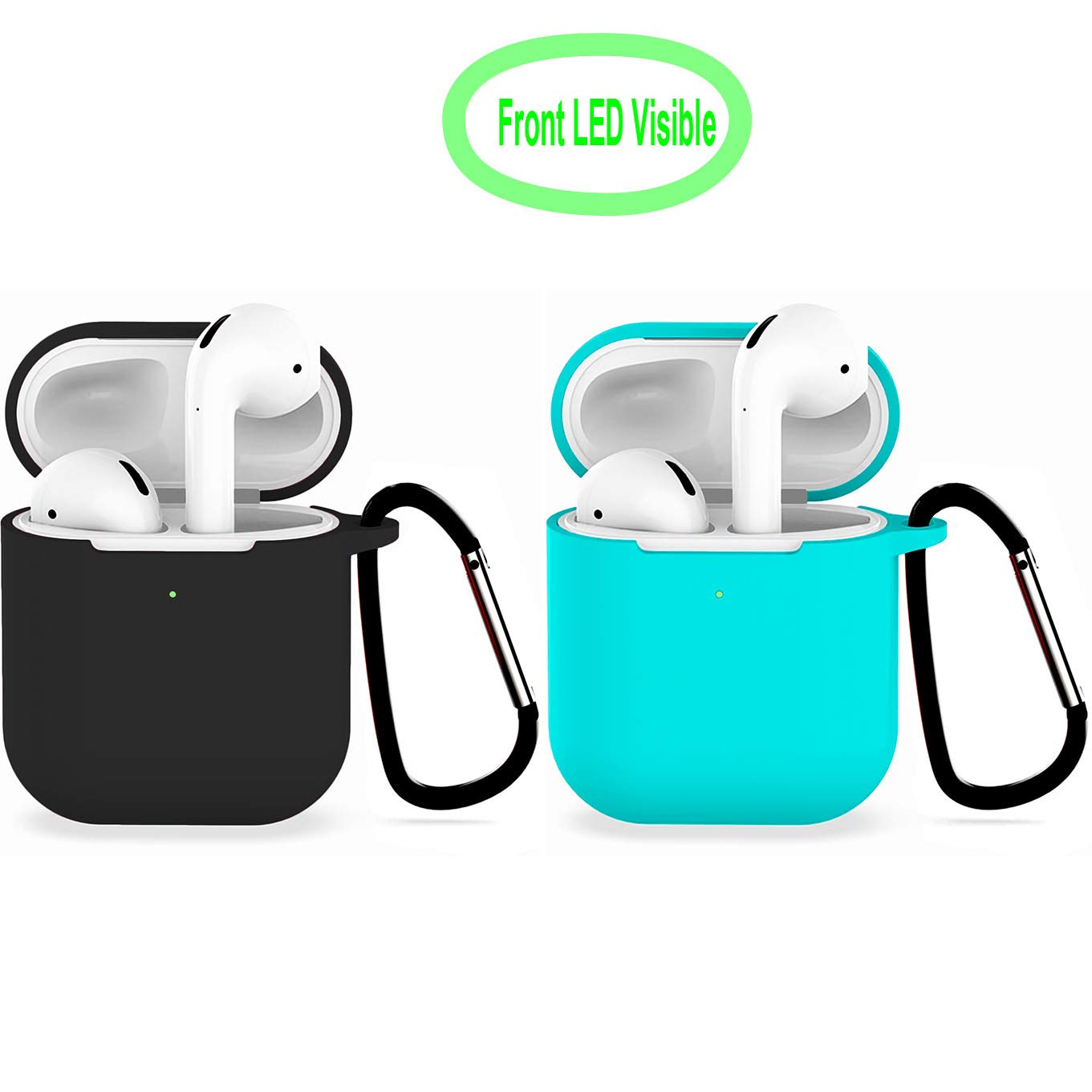 2 Pack iBarbe Compatible with AirPods Case Cover, Soft Silicone Protective Case Cover with Keychain Men Women [Front LED Visible]-Black+Blue