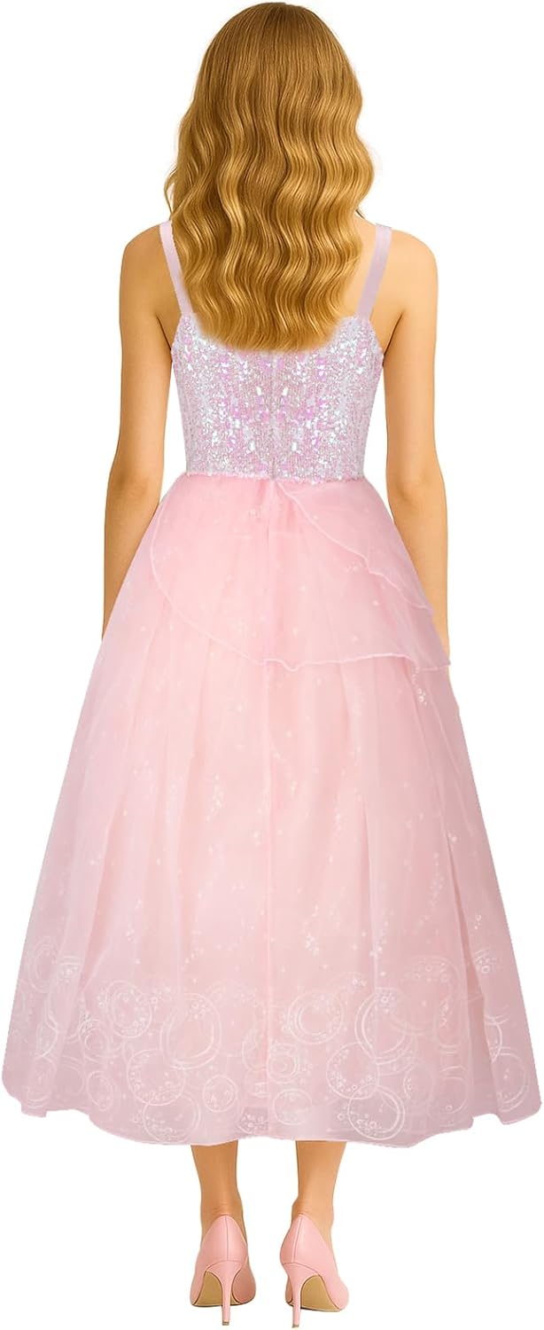 AMNPOLEN Women Costume Witch Pink Dress Princess Sequin Tulle Dress Gown Crown Wand Outfit for Halloween Cosplay - Image 4
