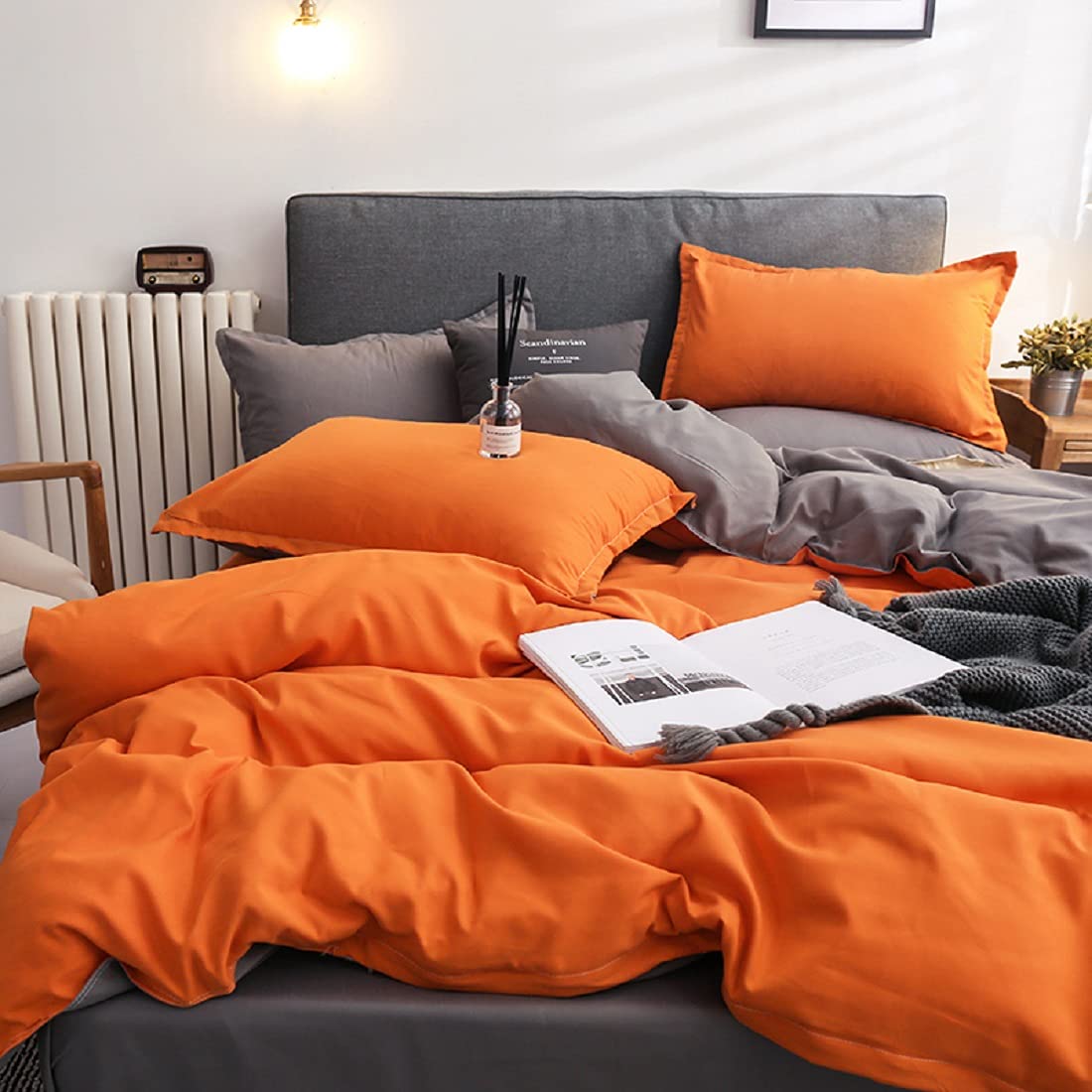 Gezu Sets de Housse de Couette 240x260 Orange Gris Unie Réversible Parure de Lit 2 Personnes Microfibre Enfant Adulte avec 2 Taie d'oreiller 65x65cm avec Fermeture Éclair
