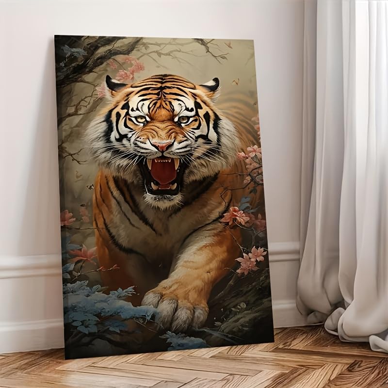 Tableau à l'huile grand tigre et fleurs finition premium avec cadre SPXLUCAU