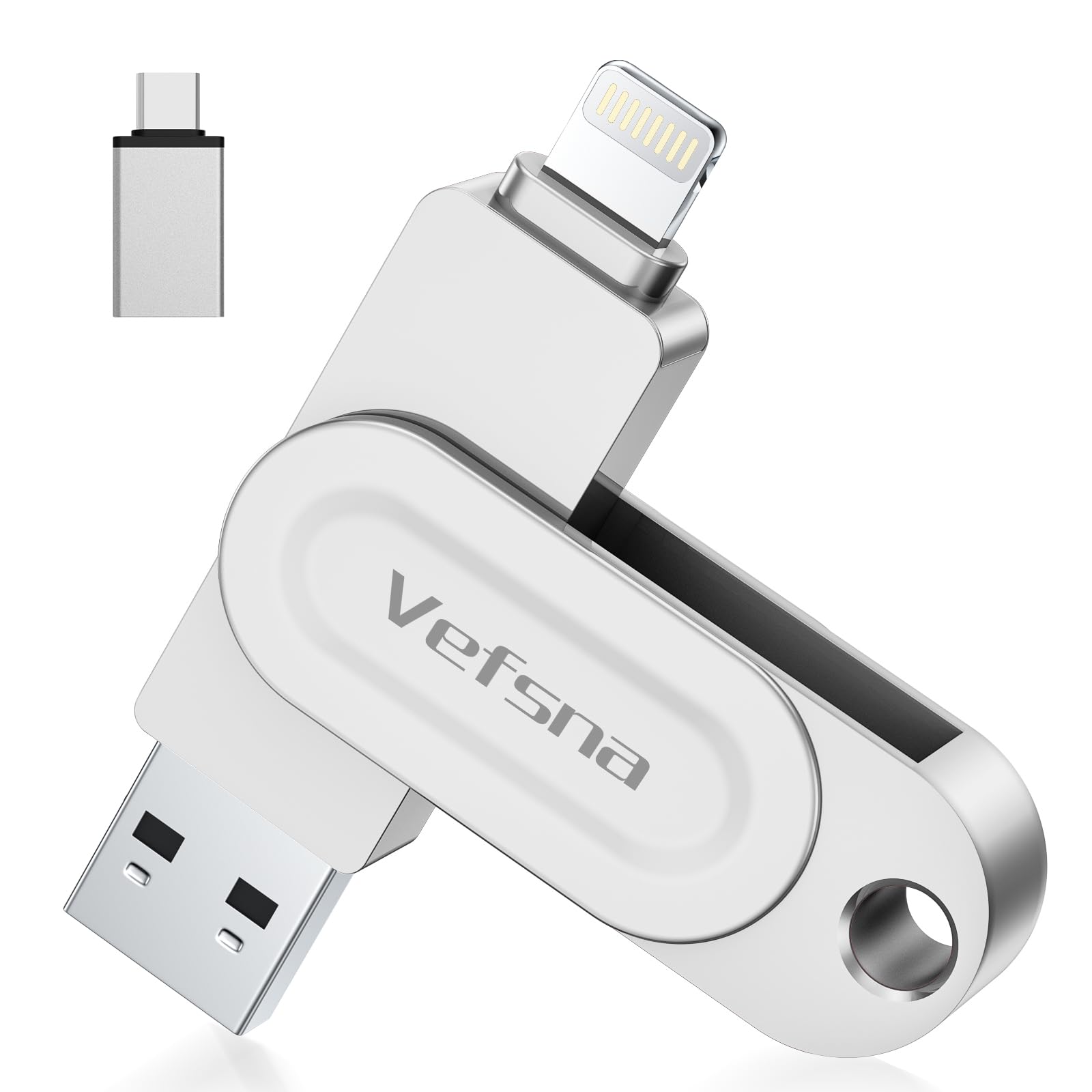 Vefsna MFi Certificazione Chiavetta iPhone 256GB, Memoria Esterna per scaricare foto,Pen Drive USB,Photo Stick, 3 in 1 USB Stick per IOS/iPad/Android/PC(Foto/Video/Backup Automatico),Argento chiaro
