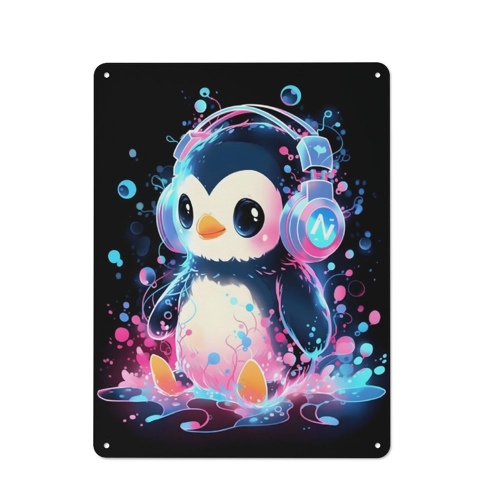 Junmoney Bubble Penguin Headphones For Lounge Or Reading Corner, Retro Metal Plaque 40X30cm, For Vintage Wall Decor Fans, For Metal Sign Collectors