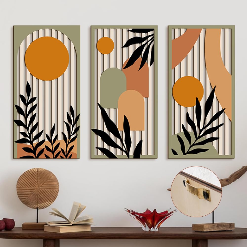 KiKiHong Décoration Murale en Bois Set de 3,Deco Murale Bois,Tableaux Murs en Bois Motif Plantes & Géométrique Moderne pour Salon Chambre Entrée Galerie 40 x 20 cm
