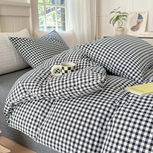 Image of LifeTB Black Gingham Comforter Full Size Boho Plaid Checkered Pattern Comforter Geometric Grid Plaid Printed Bedding Comforter Set with 2 Pillowcases Fluffy Bed Luxury Soft Gingham Bedding Set Full