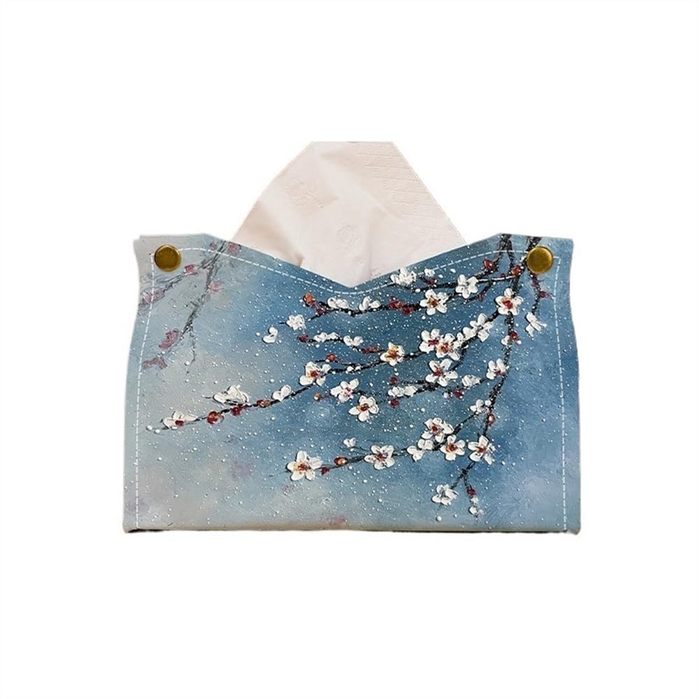 Tissue Case Tissue Box Oil Painting Cover PU Leather Facial Dispenser Holder for Living Room Desktop Decorative Tissue Dispenser(Blue)