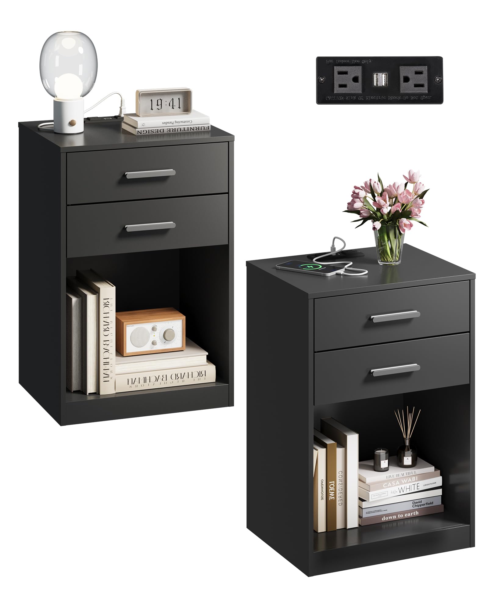 WLIVE Nightstand Set of 2 with Charging Station, Wood Night Stand Sets with 2 Drawers and Open Shelf, Bed Side Tables Bedroom, Living Room, Black