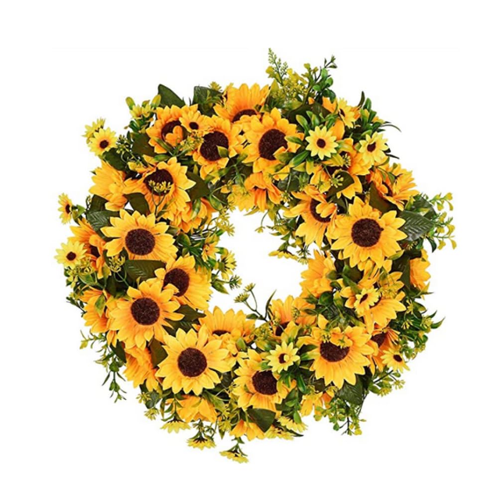 Generico Ghirlande estive per Porta d'ingresso, Ghirlanda di Fiori Artificiali con Girasoli Gialli e Foglie Verdi, per Porta d'ingresso, 40 cm. Ghirlande estive per Porta d'ingresso, per Esterni.