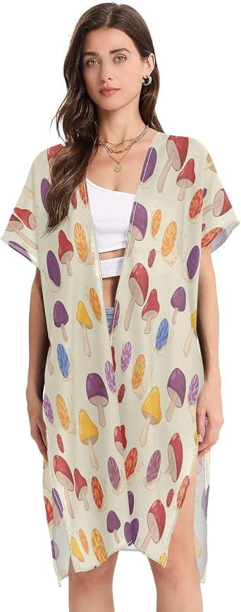 Kimono Swimsuit Coverup for Womens, Cute Snails and Mushrooms Beach Cover Up Summer Casual Swimwear Cardigan