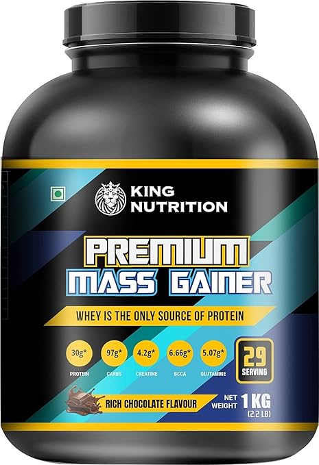 KING NUTRITION PREMIUM MASS GAINER/RICH CHOCOLATE FLAVOUR / 30GM PROTEIN / 4.2G CREATIN / 6.6G BCAA / 5.07G GLUTAMINE / 1KG (2.2 LB) / 28 SCOOPS/WHEY IS THE ONLY SOURCE OF PROTEIN