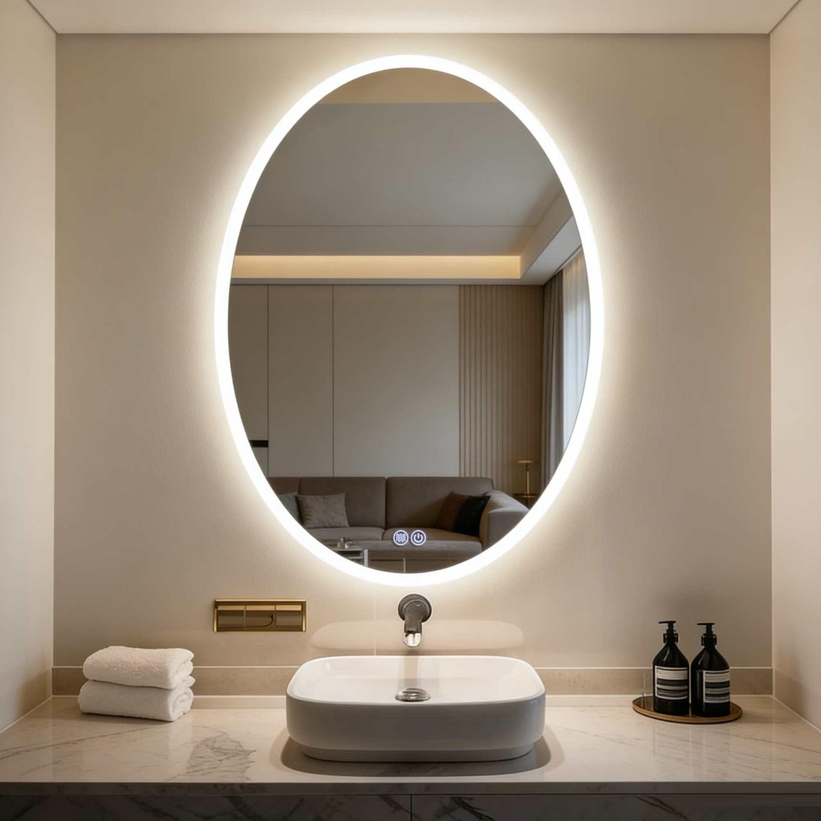 SXFSDOU LED Illuminated Bathroom Mirror, Anti-Fog, Dimmable Touch Control, Oval Wall-Mounted Design, Explosion-Proof, HD Display
