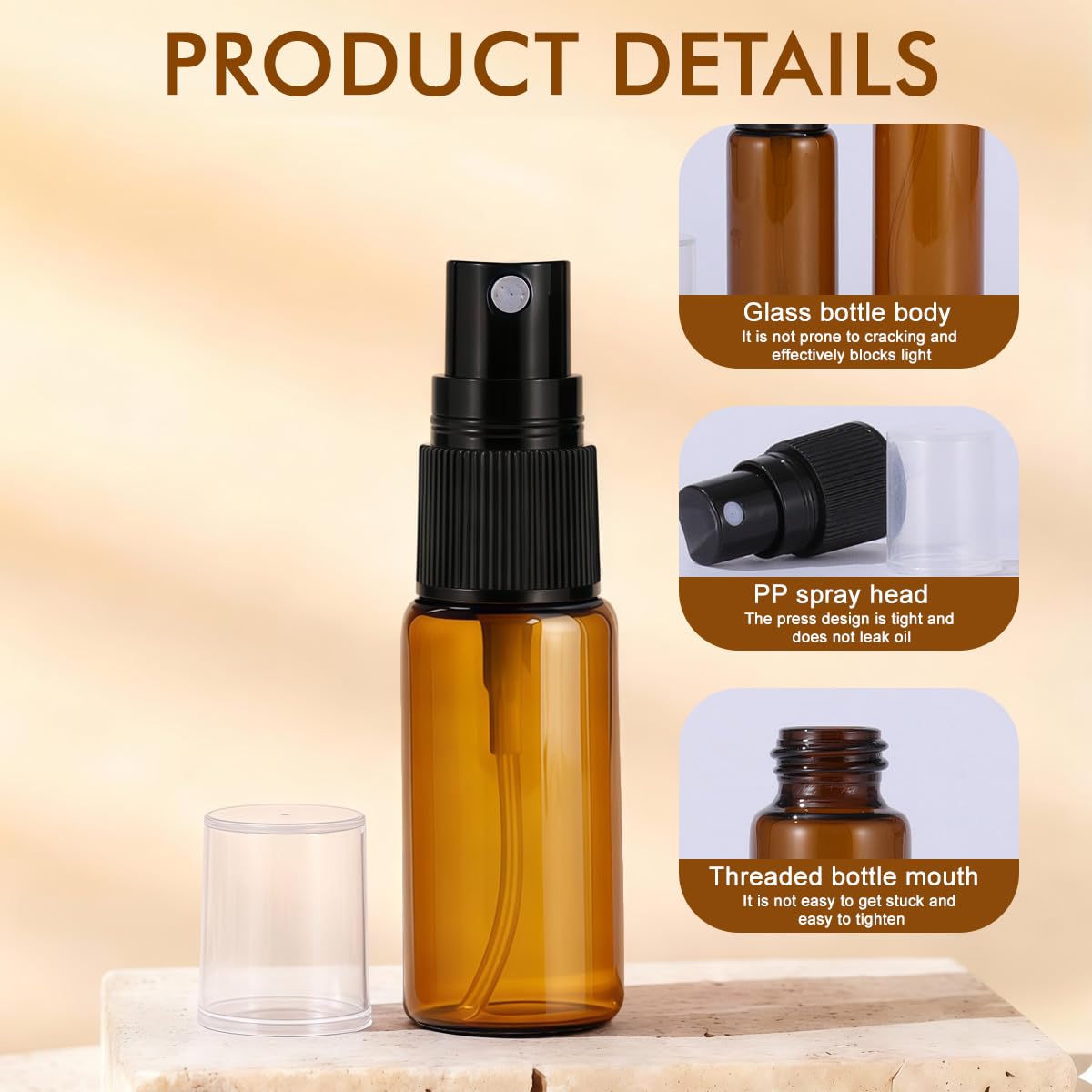 12 bottiglie in vetro ambrato vuote, rotonde, con atomizzatore trasparente, perfette per oli essenziali, aromaterapia e altri prodotti cosmetici (15 ml)