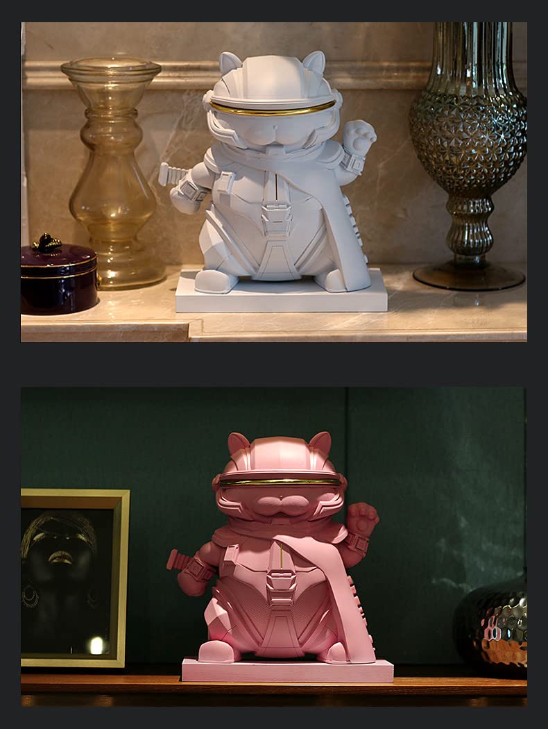 Maneki Neko, Gato de la Suerte de Resina, Afortunado Gato Bendición, Estatuilla para la Decoración de la Oficina, Hogar y la Tienda, Forma de Guerrero Moderna y Fresca, 7.87x4.33x10.24inch,Blanco