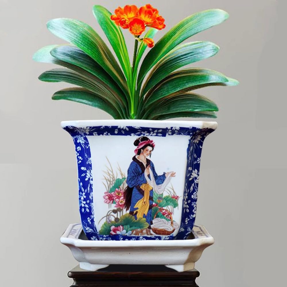 DFGHNBVC Chinoiserie Quadrilateral Porcelain Flowerpot Chinoiserie Jingdezhen Home Garden Planter Hand Drawn Orchid Pattern Plant Pot With Drainage Hole For Indoor Outdoor Gardening Plants