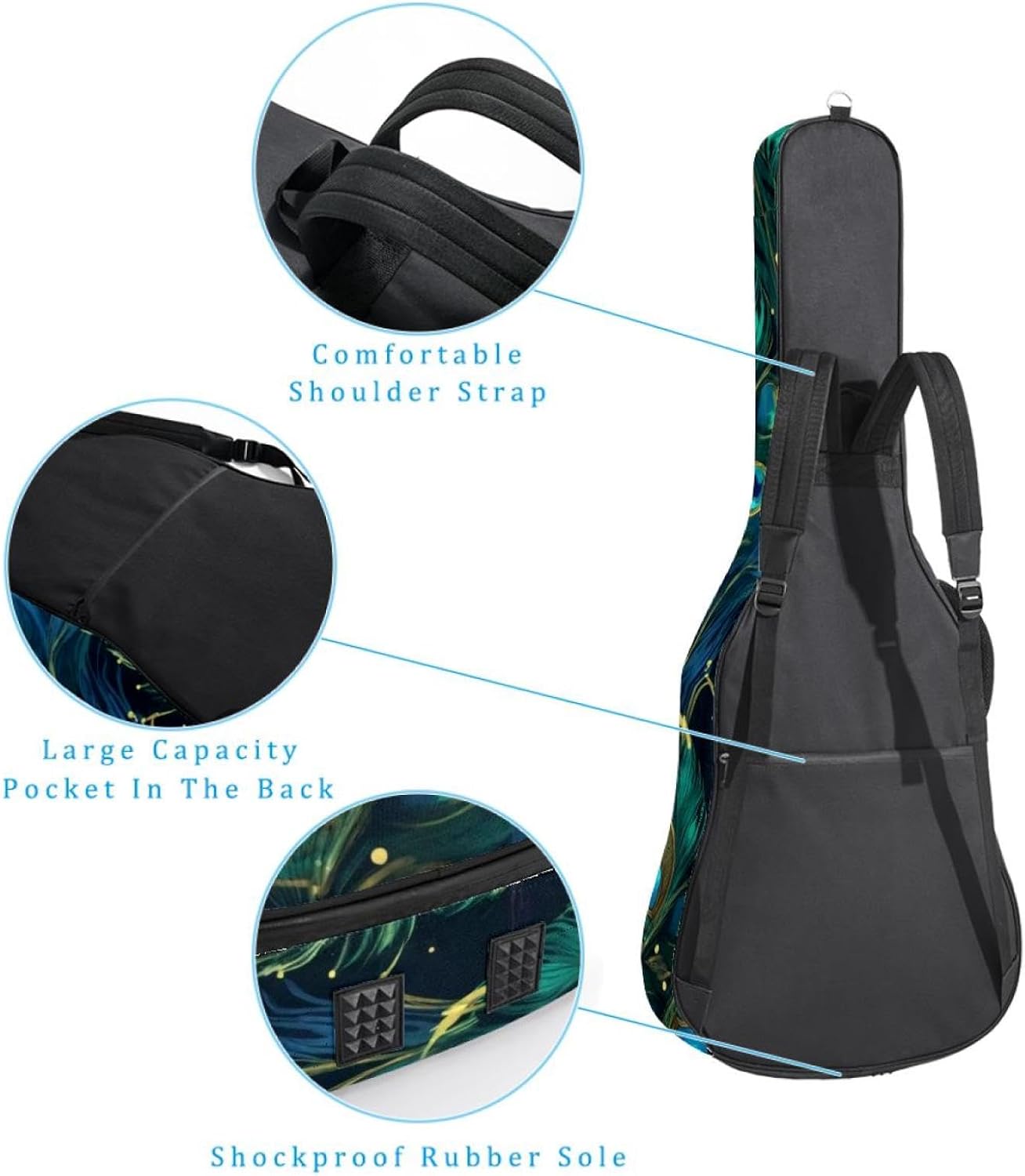 Acoustic Guitar Gig Bag 1 cm Thick Padding, Waterproof Electric Guitar Bag 40-42 Inch Guitar Case Backpack with Dual Shoulder Strap, Aesthetic Peacock Feathers Seamless Pattern