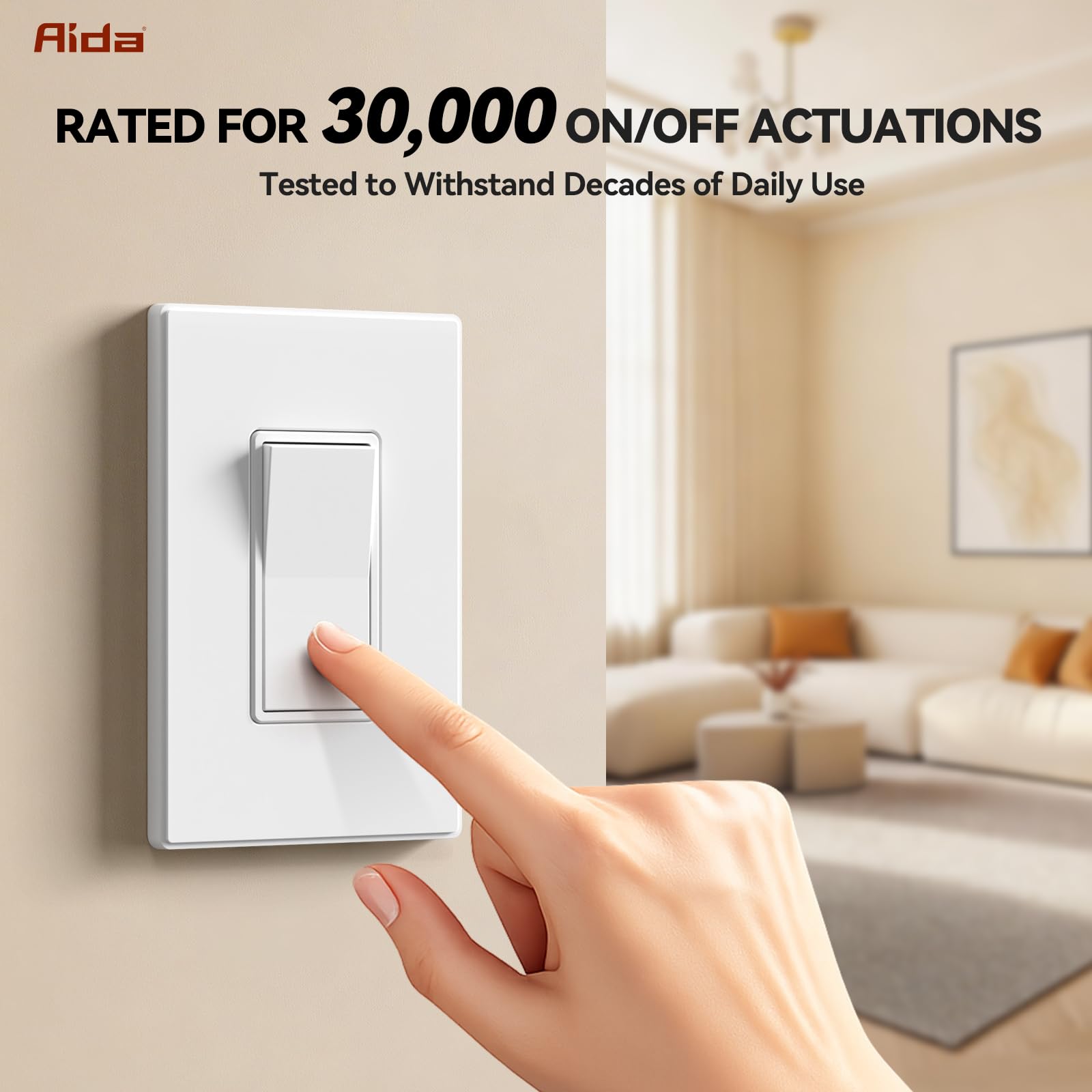 AIDA Interruptor de luz blanco mate de un solo polo con cubierta de placa de pared sin tornillos, 15 amperios, 120/277 V, repuesto de interruptor basculante de pala, interruptor de pared de encendido