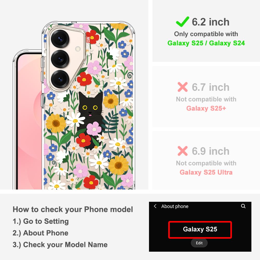 MOSNOVO Case for Samsung Galaxy S25 / Galaxy S24, [Buffertech 6.6ft Military-Grade Drop Protection] [Anti Peel Off Tech] Clear TPU Bumper Phone Case Cover Design - Black Cat in Garden - 2