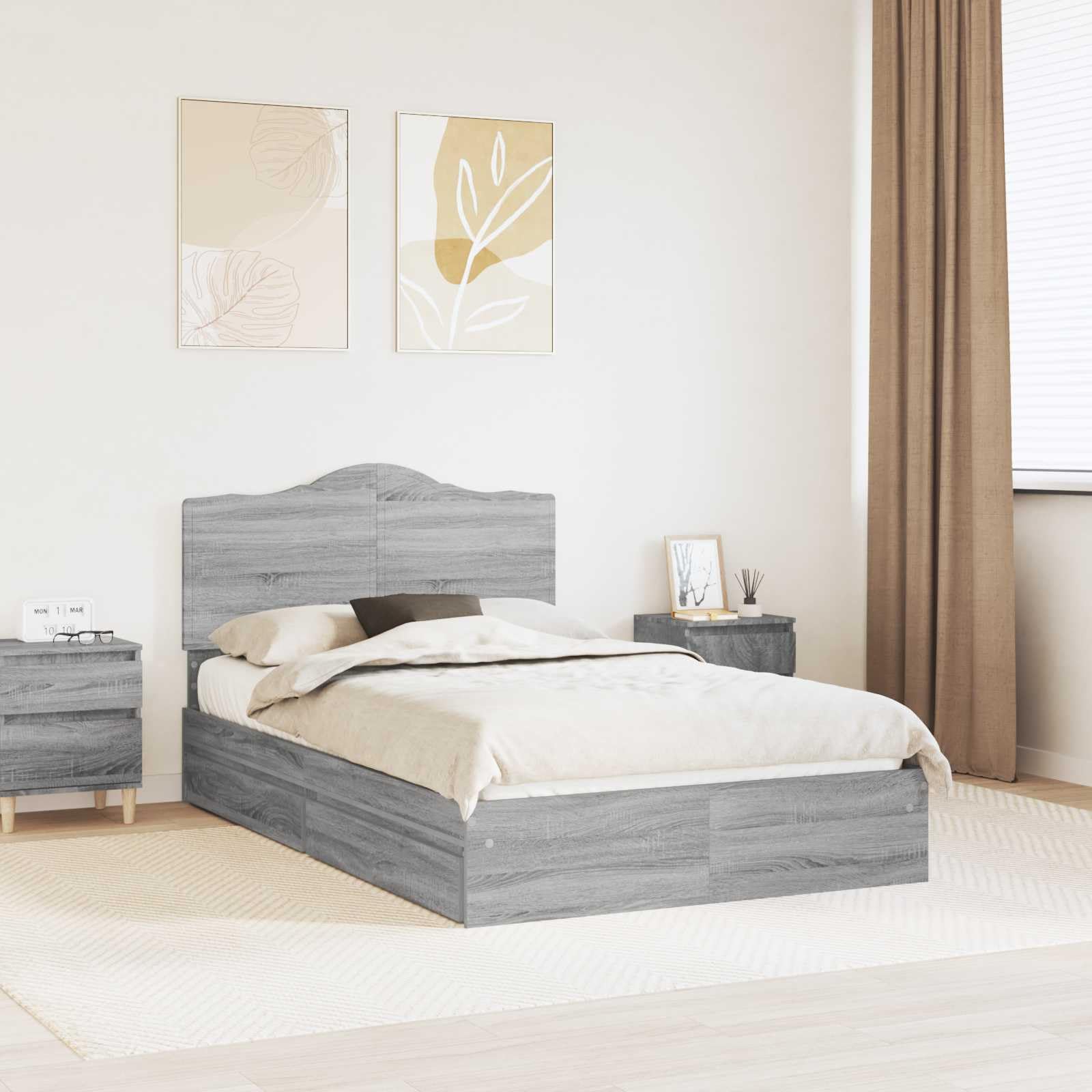 vidaXL Storage Bed Grey Sonoma 120 x 200 cm Engineered Wood, Modern, Rectangular Bed Frame for Stylish Sleeping Space, Durable Engineered Wood Platform, Customized Width Solution