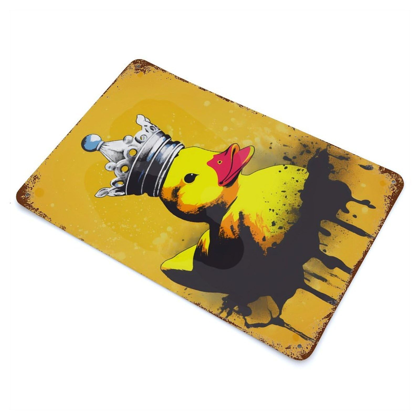 Weathered Tin Sign with Rubber Duck With Crown Design 11.8"x7.9", for Garage, Bar And Workshop Decor, Decorative Metal Wall Art