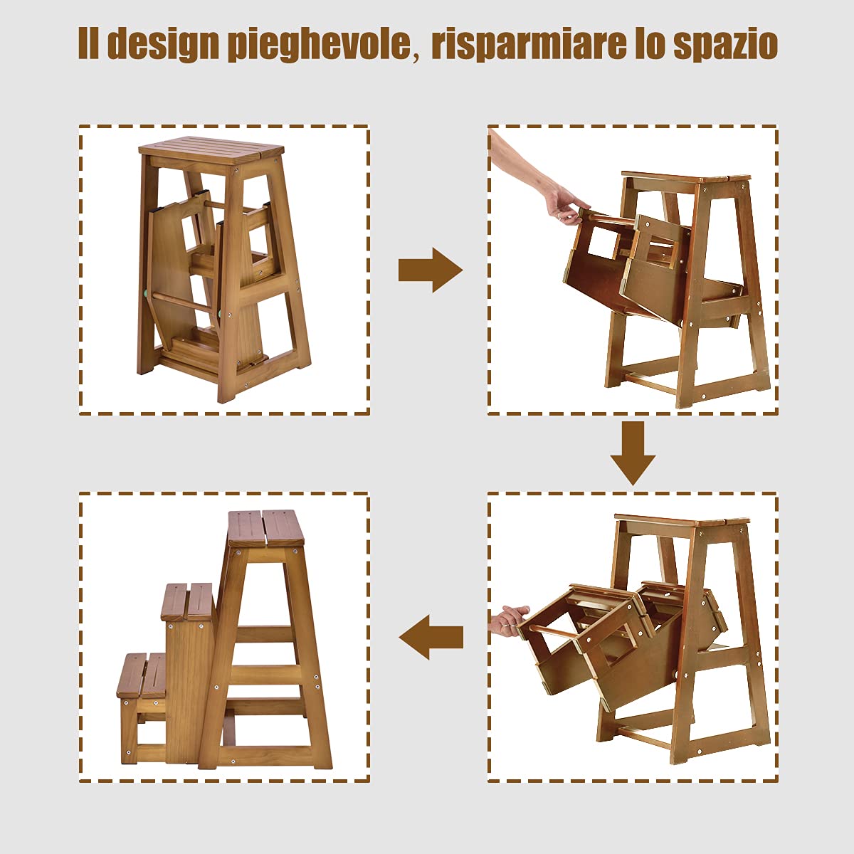DREAMADE Sgabello Scaletta in Legno Sedia Scala Richiudibile a 3 Gradini per Casa Negozio (Marrone Chiaro)