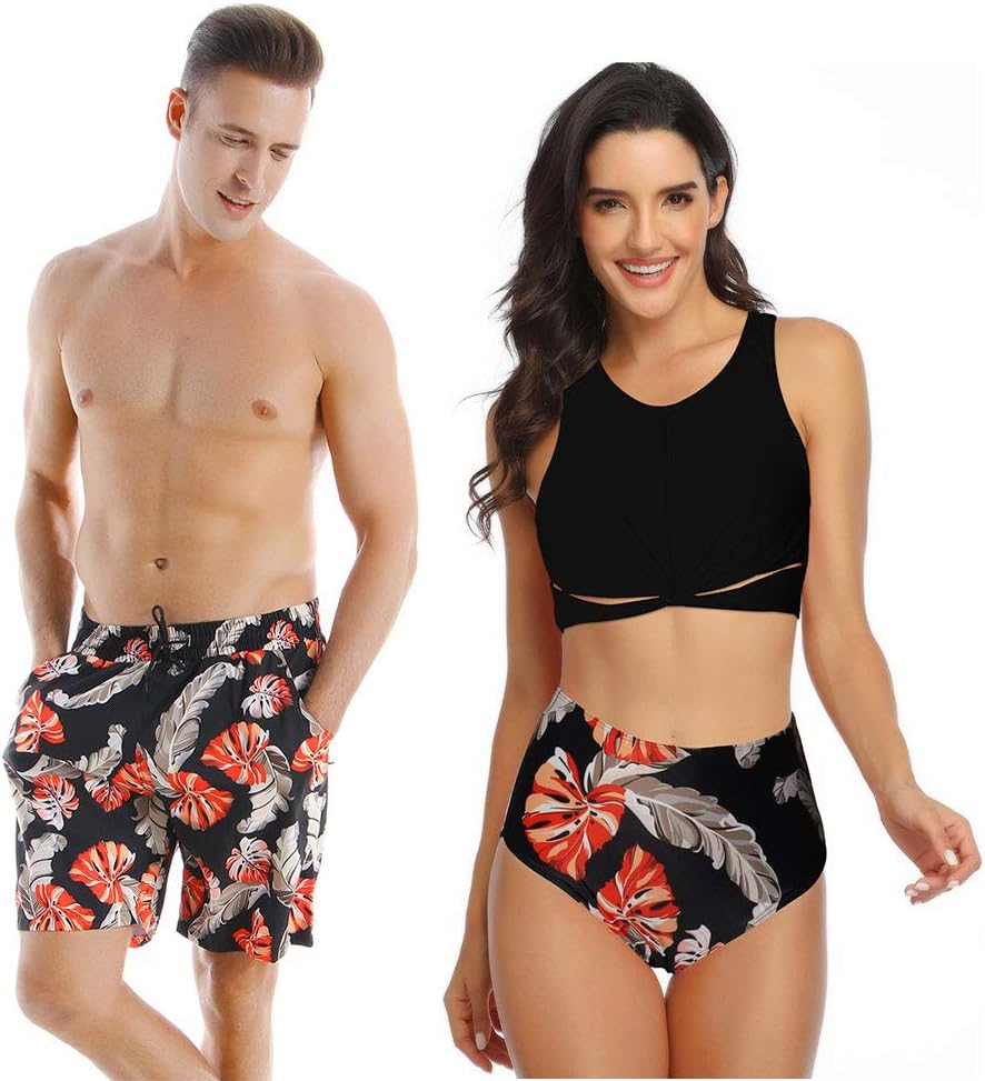 Swimsuit for Couples Matching Swimwear Tropical Plant Monstera Men Swim Trunks Women Bikini 2-Piece Suit