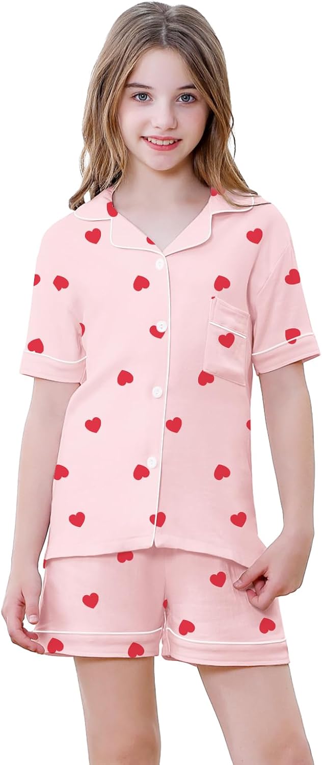 Schbbbta Girls Button Down Pajamas Set Kids 2 Piece Bamboo Viscose Cotton Short Sleeve Pjs Soft Sleepwear Loungewear - Image 3