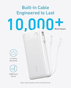 Anker Power Bank, 20,000mAh Travel Essential Portable Charger with Built-in USB-C Cable, 3-Port 87W Max Fast Charging Battery Pack, for MacBook, iPhone 16/15 Series, Samsung, Switch, and More