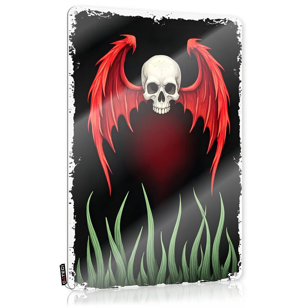 Fzfn Colour Outdoor Deck Decor Decoration Soft Bath | Skull With Red Wings Emerging From Heart-Shaped Void New Restaurant Decoration(20X30cm)
