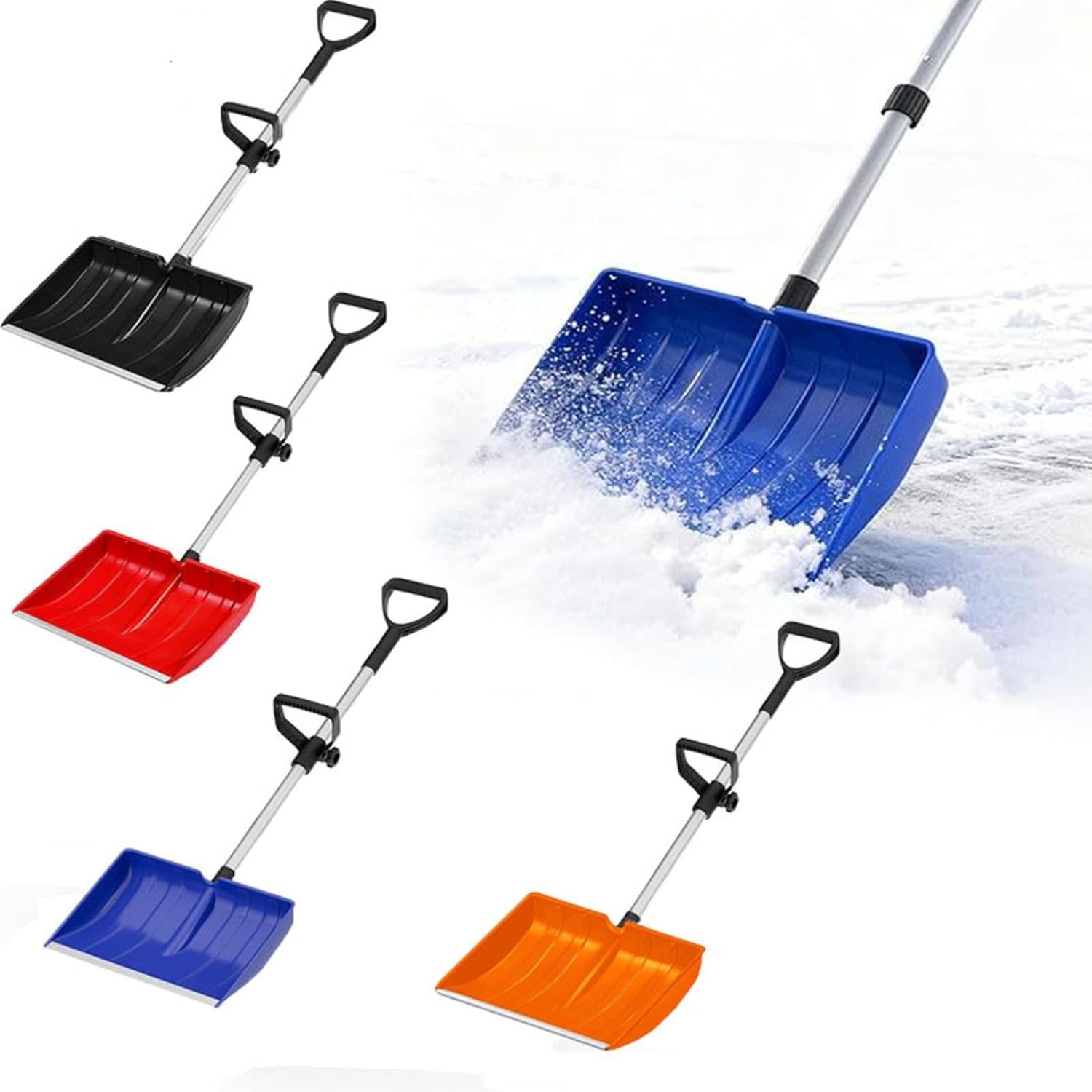 Detachable Large Snow Shovel with 41cm Wide Blade – Ergonomic Dual Handle, Aluminum Wear Strip, Portable Plastic Snow Shovel for Driveway, Sidewalk, Heavy Snow Removal (Blue/Black/Red/Orange) (Blue)