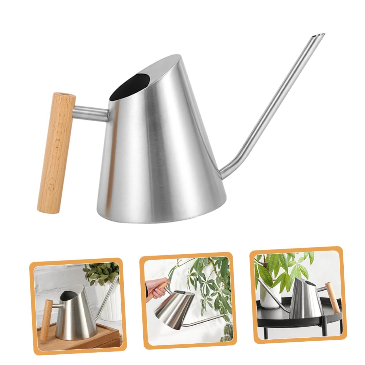 Edelstahl Gießkanne 900ml mit Langem Ausguss, Silber | Holzgriff, für Gartenpflanzen und Blumen, Erreicht Kleine Stellen Beim Gießen