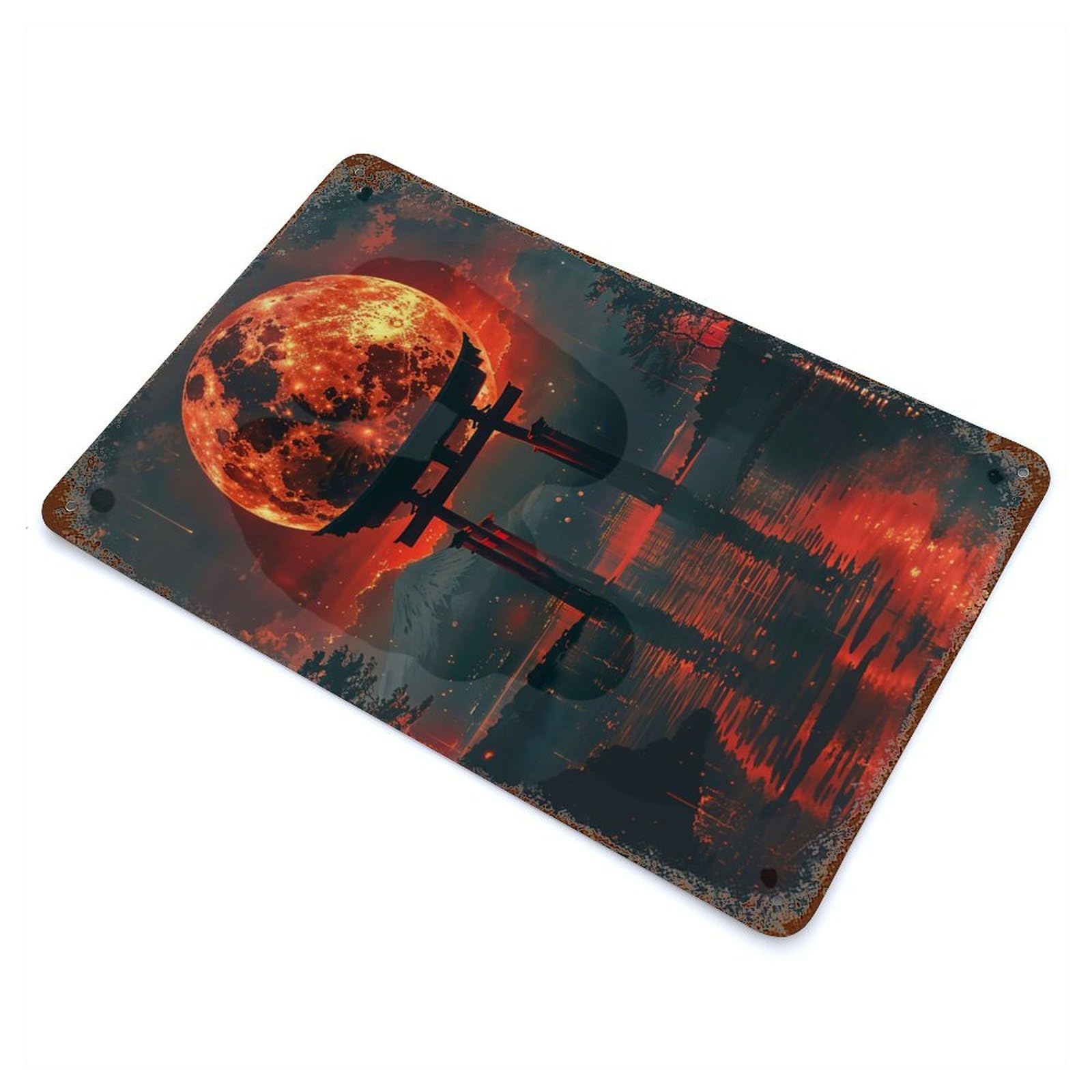 Blood Moon Torii Rustic Tin Plaque 11.8"x7.9", Ideal for Shed, Workshop And Garage Wall Decor