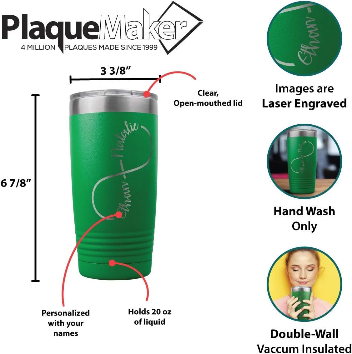 PlaqueMaker Customizable Infinity Love Coffee and Drink Tumblers with Lid and Optional Straw - Include your Names Within the Infinity Symbol and Add An Optional Personal Message to the Back (Green)