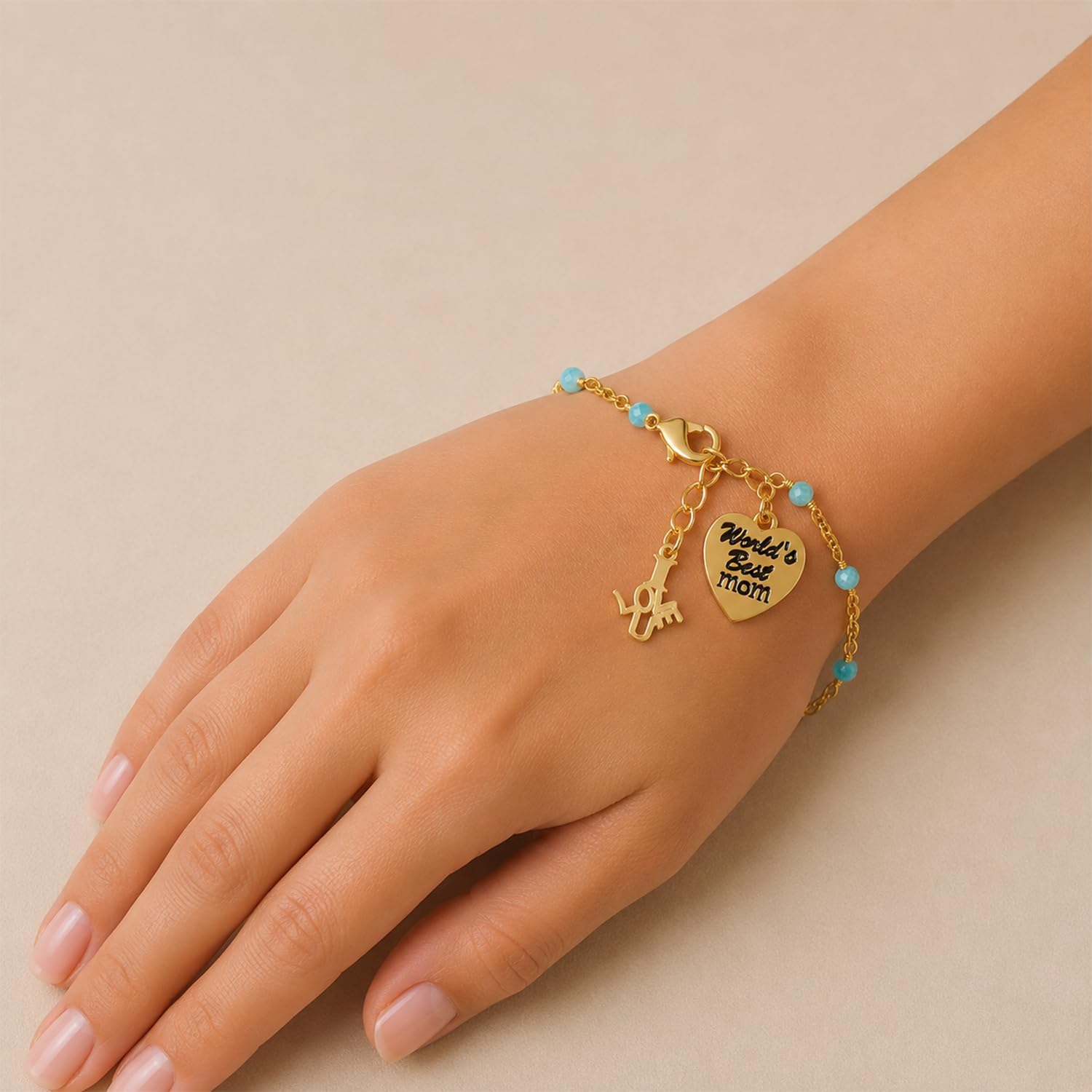 InfinityGemsArt Bracelets For Women Birthstone Jewelry Micro Beads Crystals and Healing Stones, Heart charm engraved “World’s Best Mom” And “I LOVE U” cut-out Charm, 18K Gold Plated Chain 8 inch