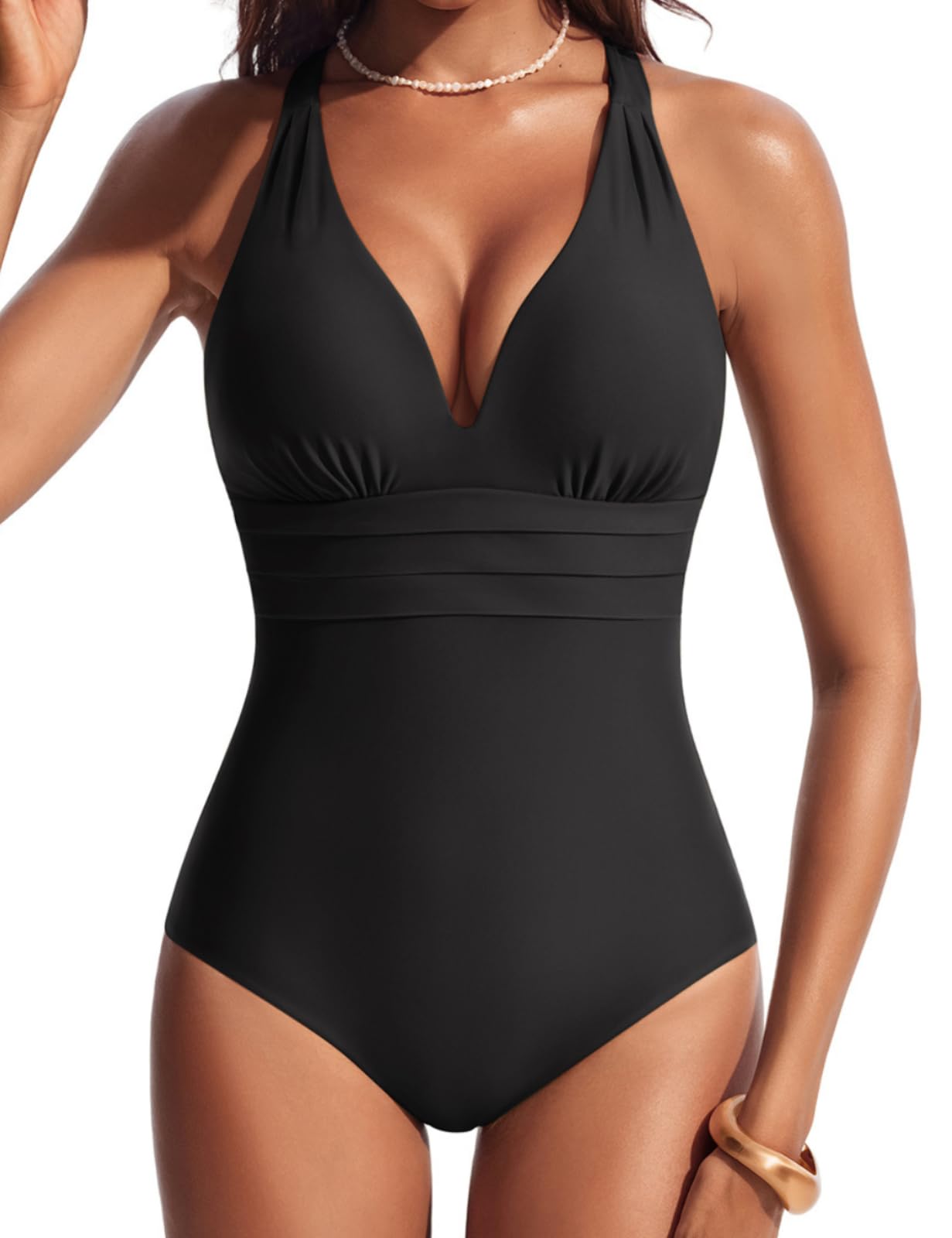 Hanna Nikole Badeanzug Damen Bauchweg V-Ausschnitt Schwimmanzug mit Retro Schlankheits Raffung Einteilige Bademode Swimsuits