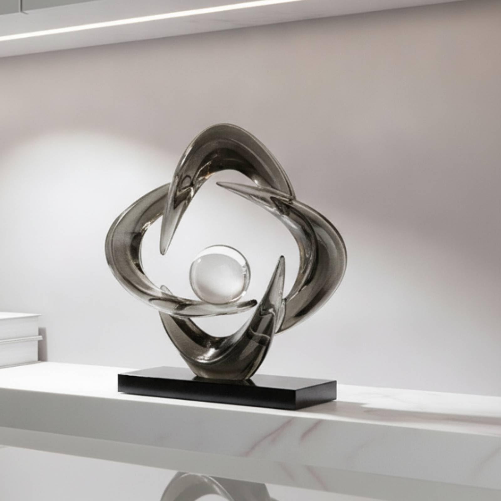 rockible Vier-Schleifen-Ringornament glänzend Tischskulptur mit Sockel dekorativ Wohndeko für Wohnzimmer, Büro, Transparentes Blau