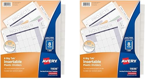 Avery Separadores insertables de plástico duradero con 8 pestañas grandes para carpetas de 3 anillas, transparente, 1 juego (11836) (paquete de 2)