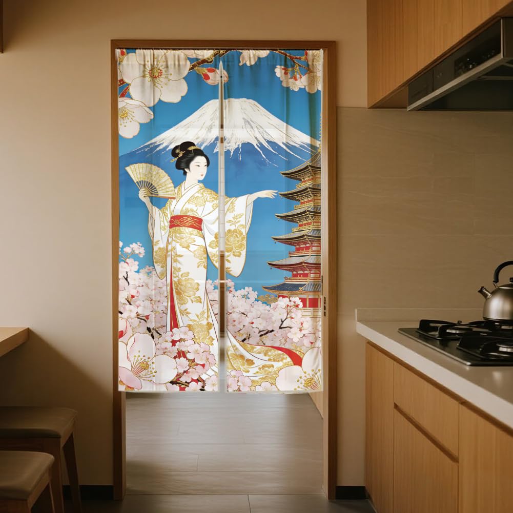 Rideau de porte design japonais avec femmes en kimonos, en lin, séparateur de pièce pour porte, fenêtre, cuisine, 150 x 85 cm