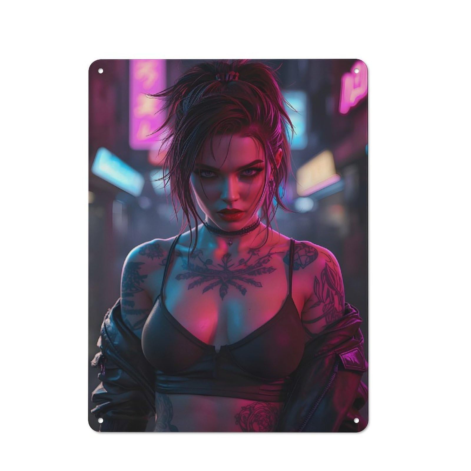 Junmoney Girls Style-23 With Tattoos In Neon City Rustic Metal Plaque 40X30cm For Guest Room Or Hallway, A Decorative Metal Sign For Guest Rooms And Hallways