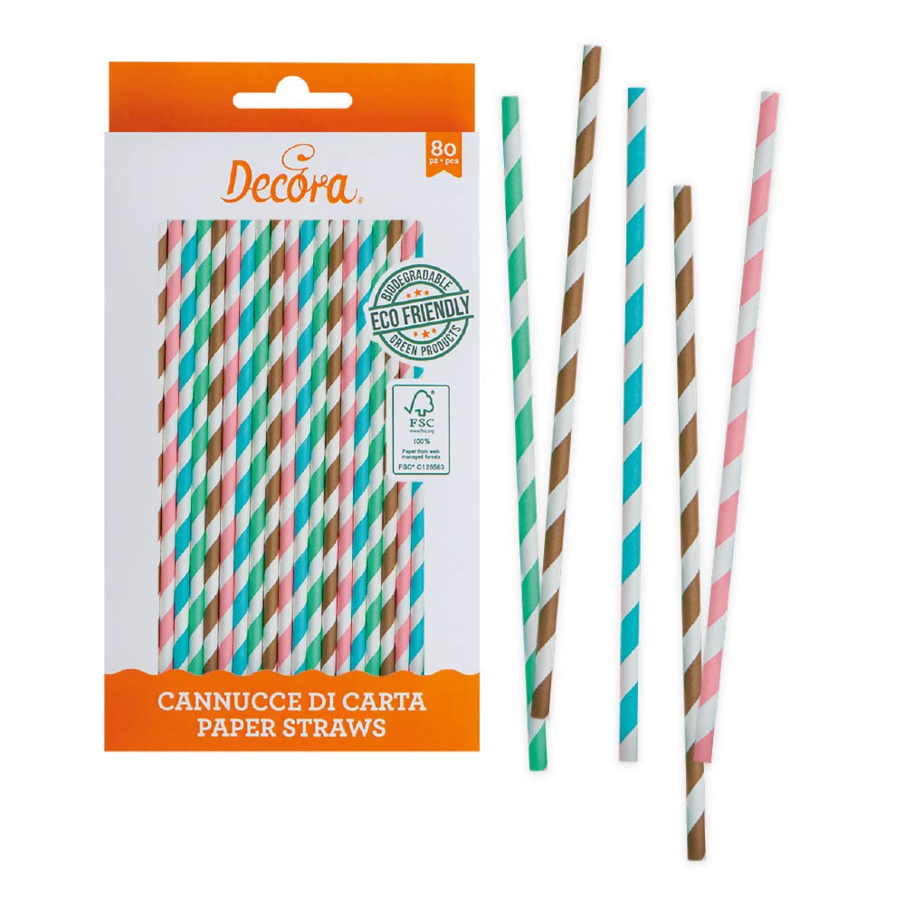 Decora Confezione da 80 Cannucce Stripes Ø 6 X 210 mm, in carta biodegradabile, con inchiostro ad acqua, per dare colore ai tuoi party