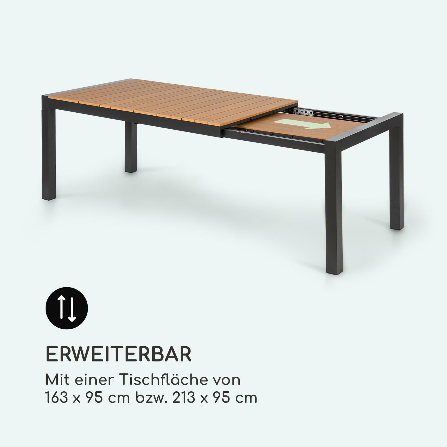 blumfeldt Menorca Expand - Gartentisch, Ausziehtisch, ausziehbar, Aluminium/Kunststoff-Holzimitation, Pulverbeschichtung, justierbare Füße, Tischfläche max.: 213 x 95 cm, hell/Teak
