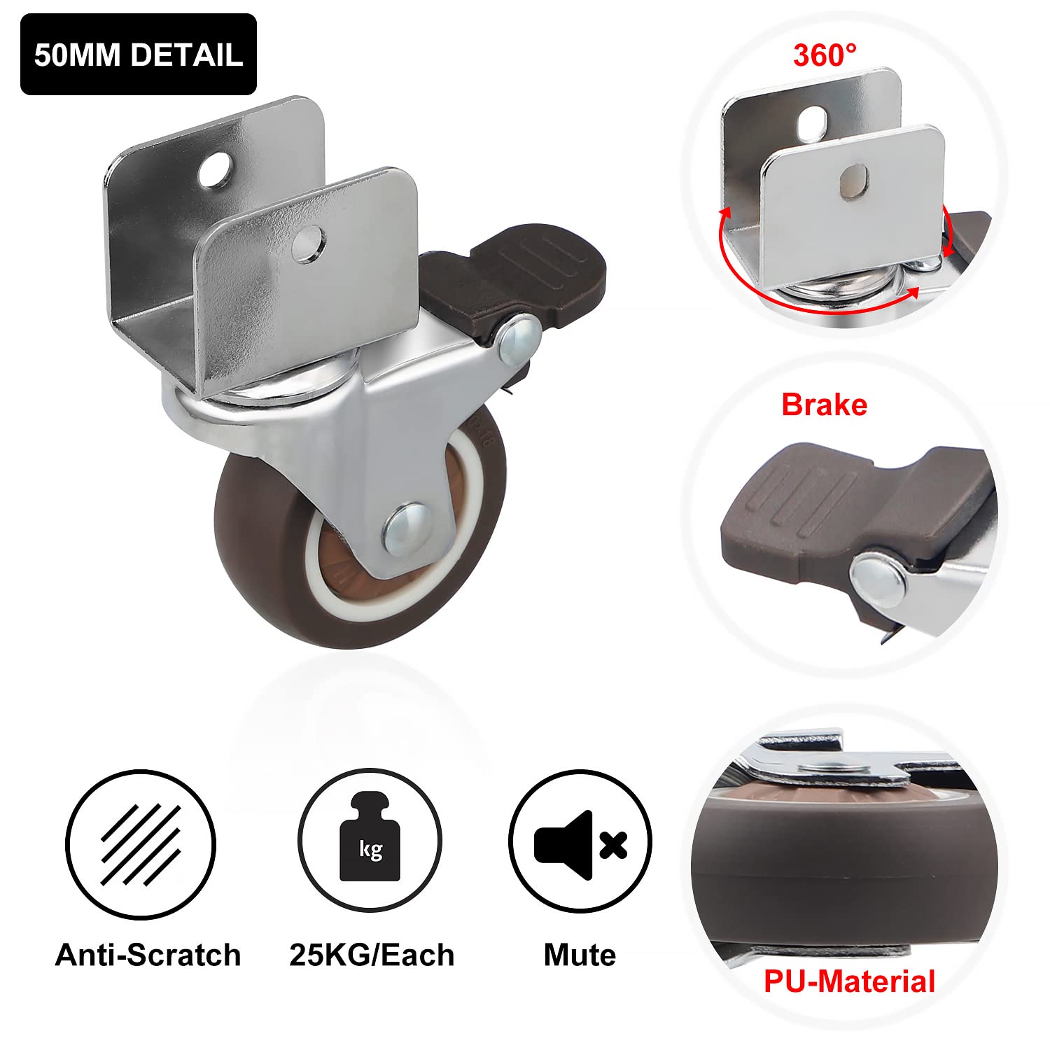 DBREAKS Zestaw 4 cichych kółek Ø 50 mm do mebli w kształcie litery U, otwór na płytę 25 mm, obrót z hamulcem, guma ze śrubami, obciążenie całkowite 100 kg