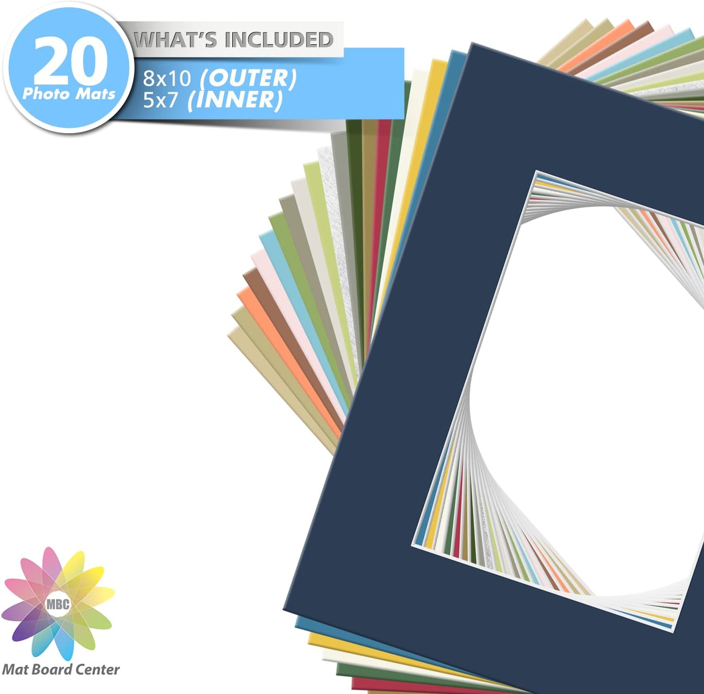 Mat Board Center, Pack of 20, 8x10 Mixed Colors White Core Picture Mats Mattes Matting for 5x7 Photo - Image 3