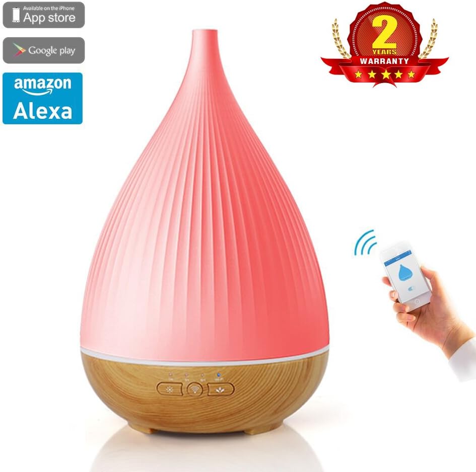 Alexa Control Smart Wi-Fi Essential Oil Diffuser, SATISURE 300ML Wood Grain Cool Mist Ultrasonic Aroma Humidifier with 7 Colored LED Lights, 3 Timer Settings and Waterless Auto Shut-Off Function (11C)
