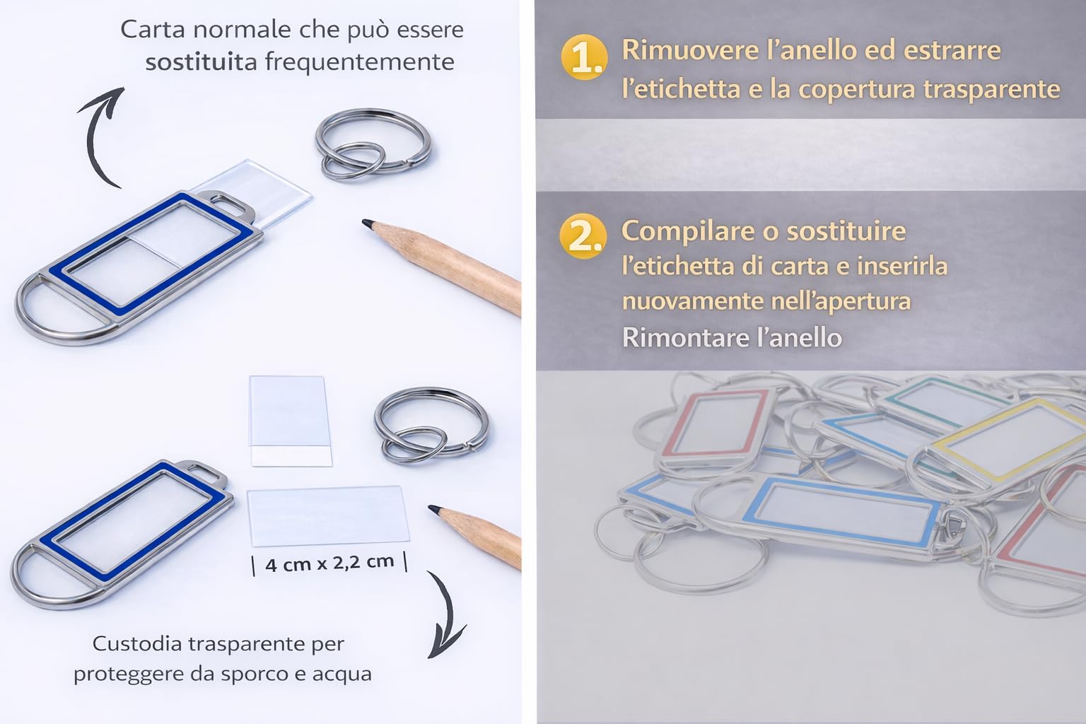Portachiavi in Metallo con Etichetta Scrivibile su Entrambi Lati – 5 Colori, Portachiavi Identificativi Riutilizzabili con Custodia Protettiva per Chiavi, Ufficio, Hotel, Bagagli e Animali - 10 pz.