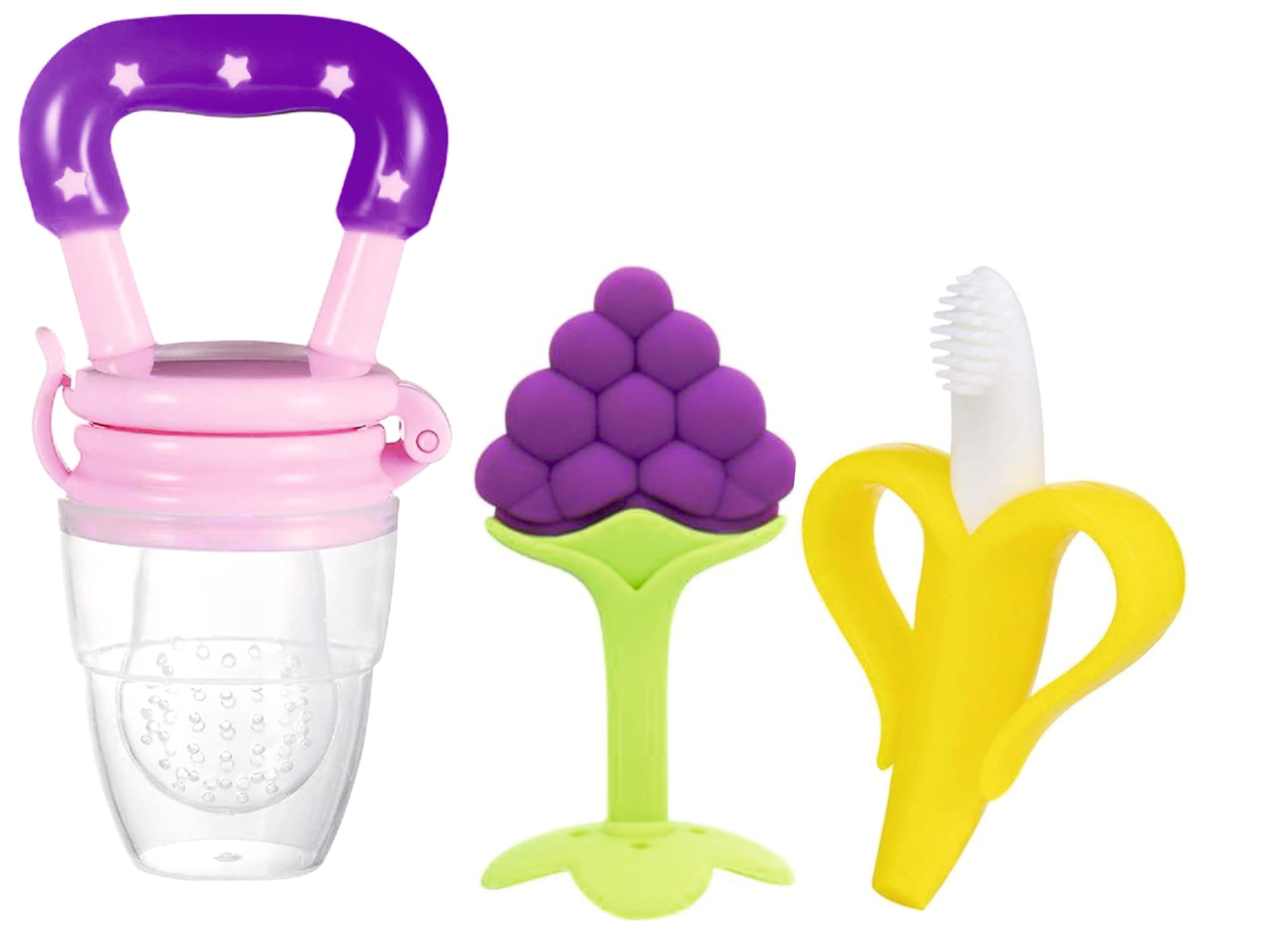 Roforuf Baby Banana Teether,Grapes Teether & Fruit Feeder Combo – Safe & Soft Teething Relief & Oral Care Perfect for Newborn Toddlers & Infant Baby - Pack of 3 (Pink GRP)-image-43