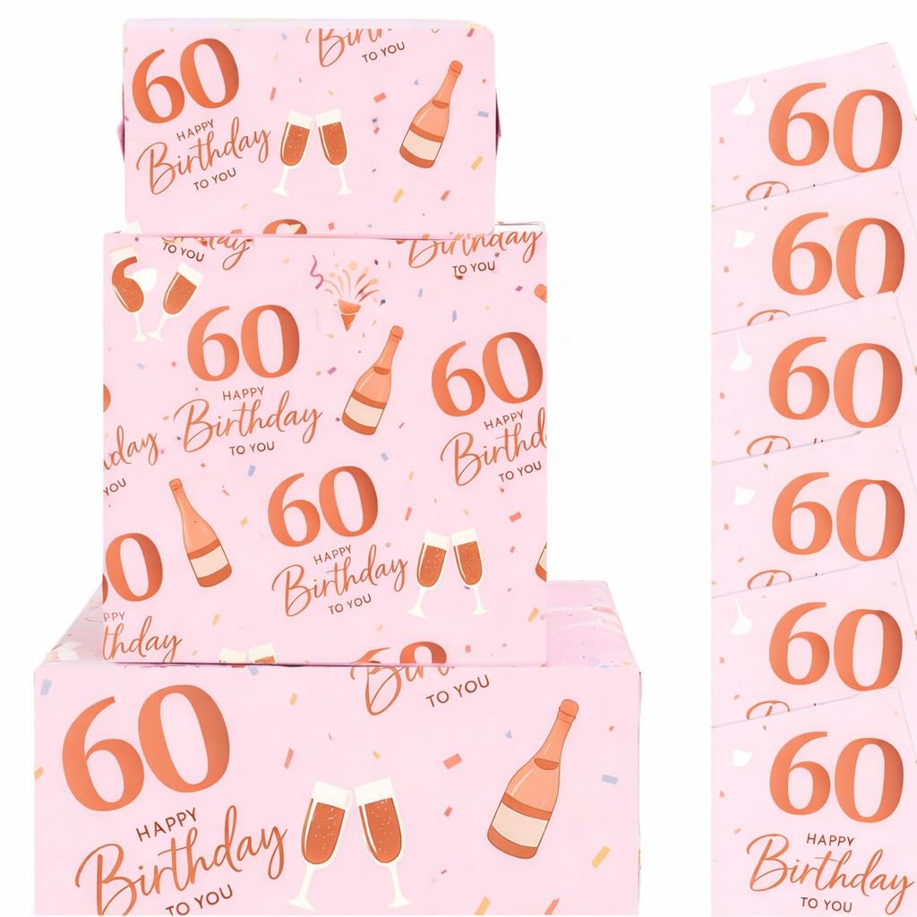 60th Birthday Wrapping Paper, 6 Sheets 70x50cm Rose Gold Gift Wrapping Paper, Eco-friendly 60th birthday Decorations Gift Wrap for Girls Woman (60th)