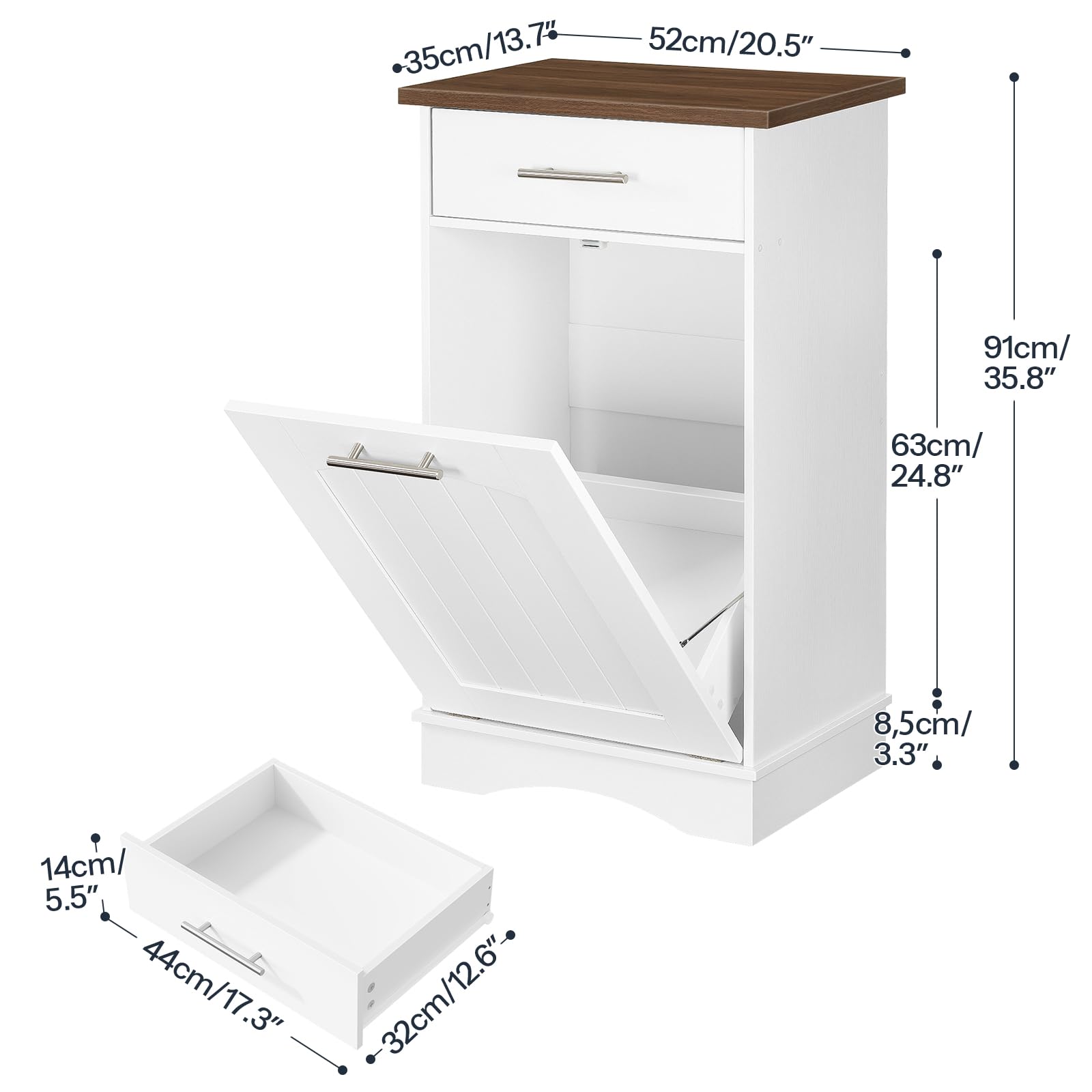 HOOBRO Armario de Basura Basculante, Armario para Residuos EWH02LJ01 | Basurero de 37 L Oculto Anti Mascotas, Puerta Basculante y cajón, Cesta de Lavado Oculta, Cocina, Lavandería, Blanco y Nogal