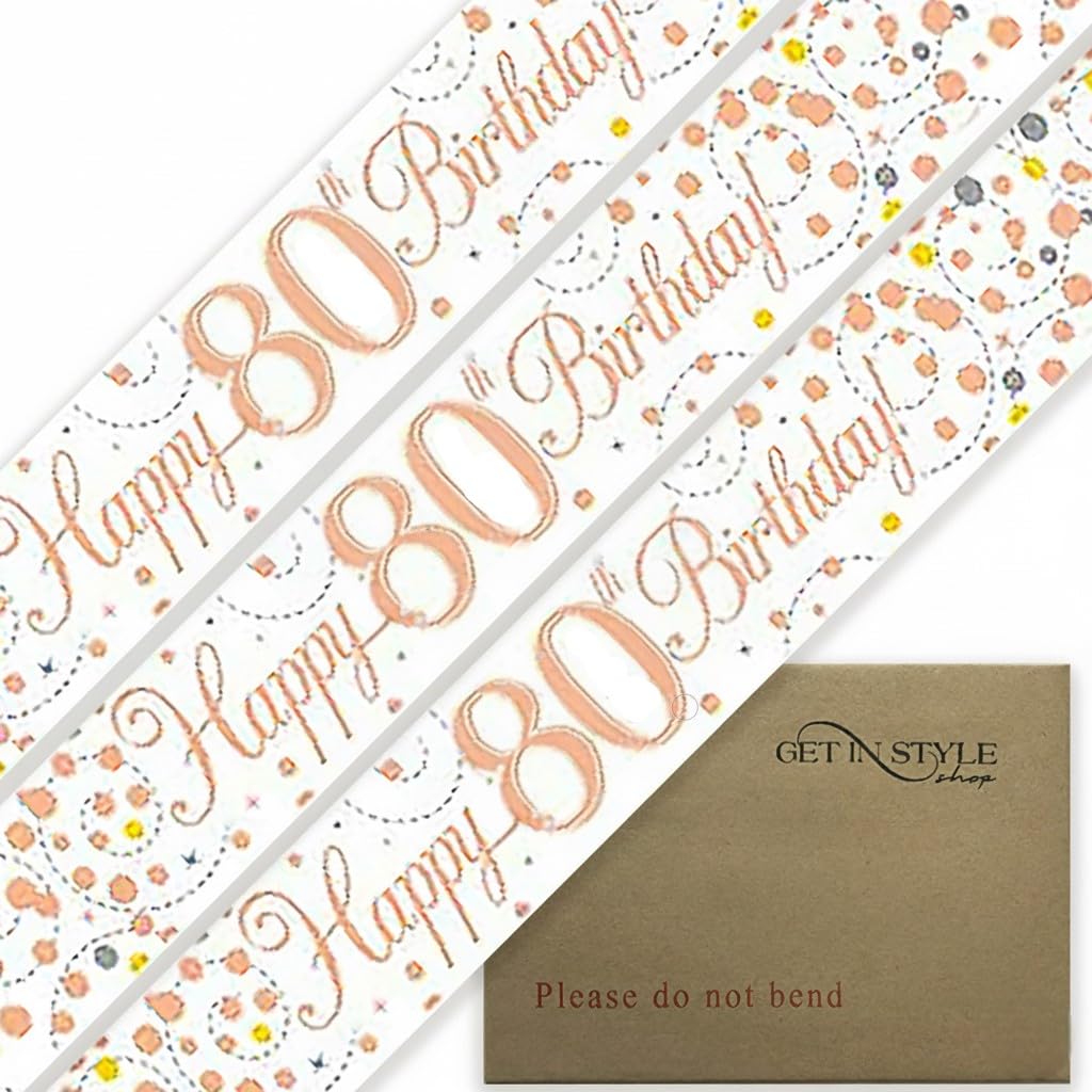 9ft Banner Happy 80th Birthday Sparkling Fizz White & Rose Gold Holographic Foil Pennant
