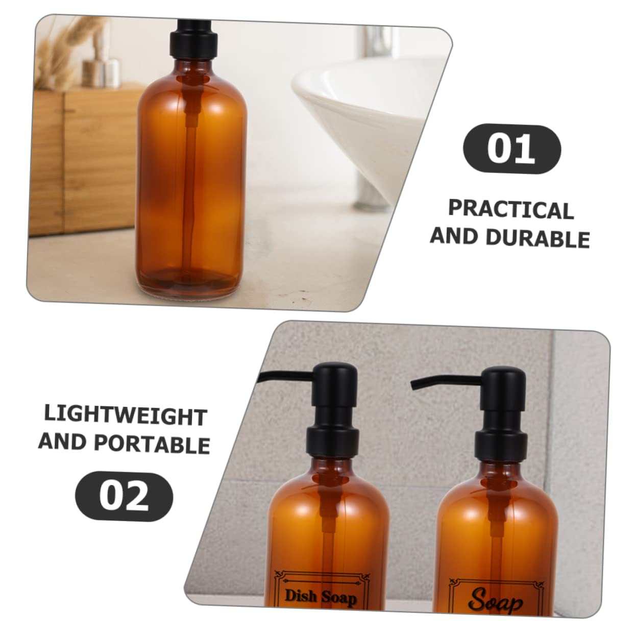 Dispensador de Jabón de Vidrio 500ml 2 Piezas con Bomba de Acero Inoxidable | Marrón, Rellenable y Portátil, Compacto para Baño y Viaje, Fácil de Presionar, Uso Doméstico
